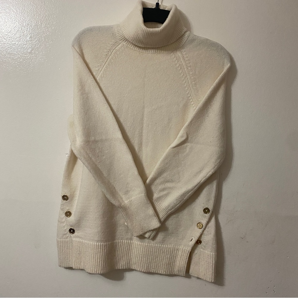 Michael Kors Cream Soft Cowl Turtleneck Sweater Side Button